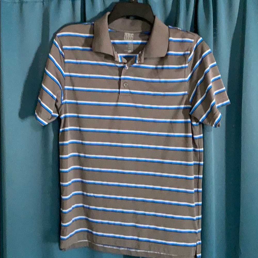 Men’s small gray, blue, white stripe polo.